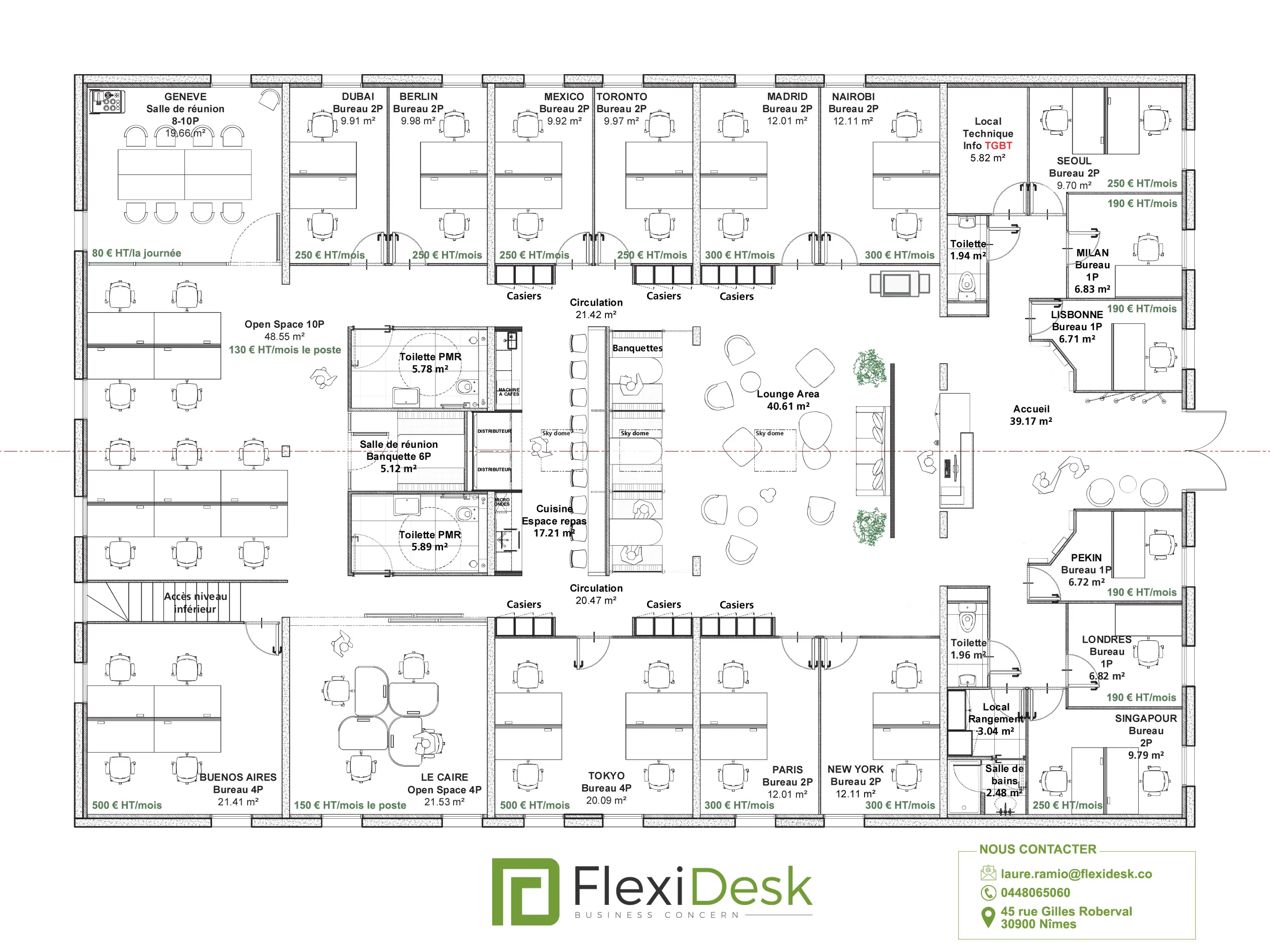 Plan et tarifs des bureaux FlexiDesk Nîmes